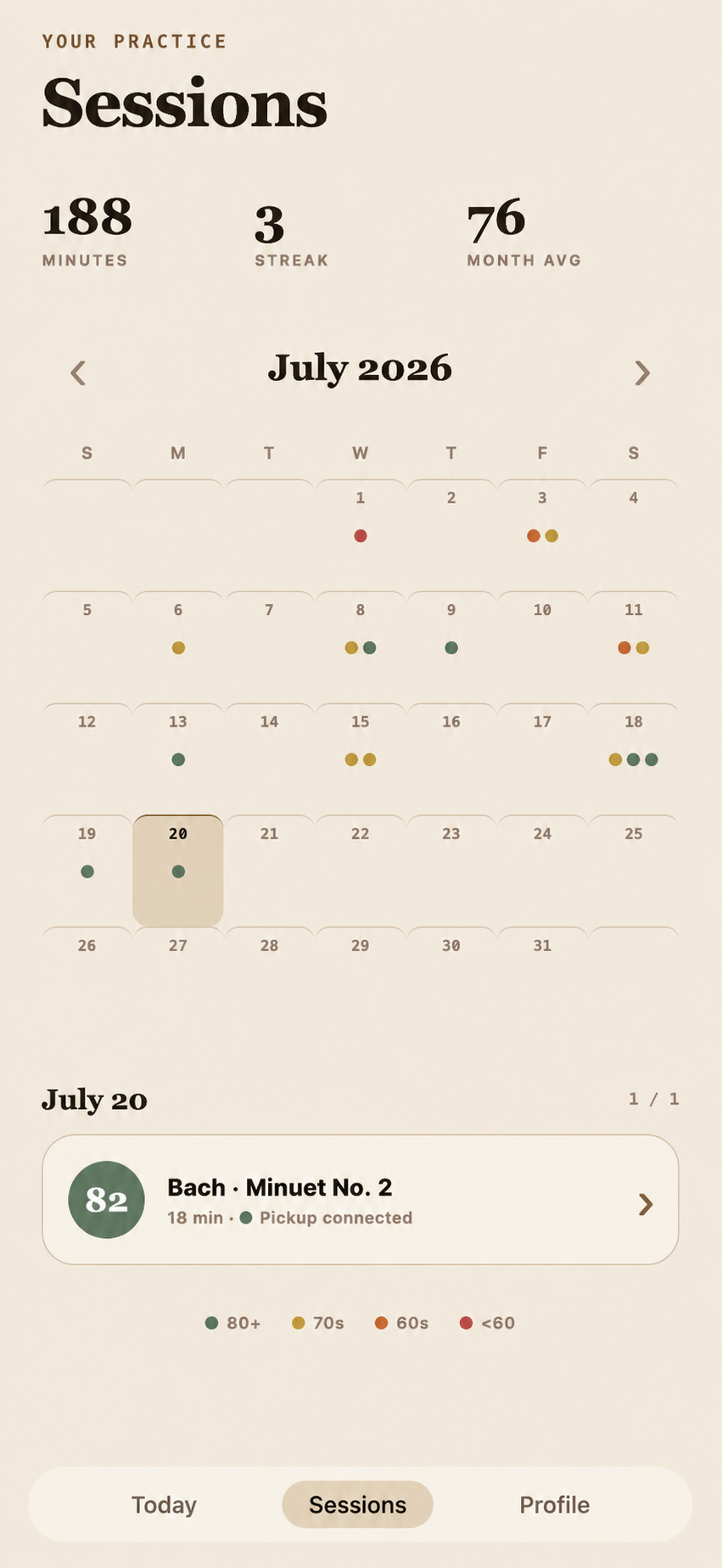 String Sense session history showing pickup connected