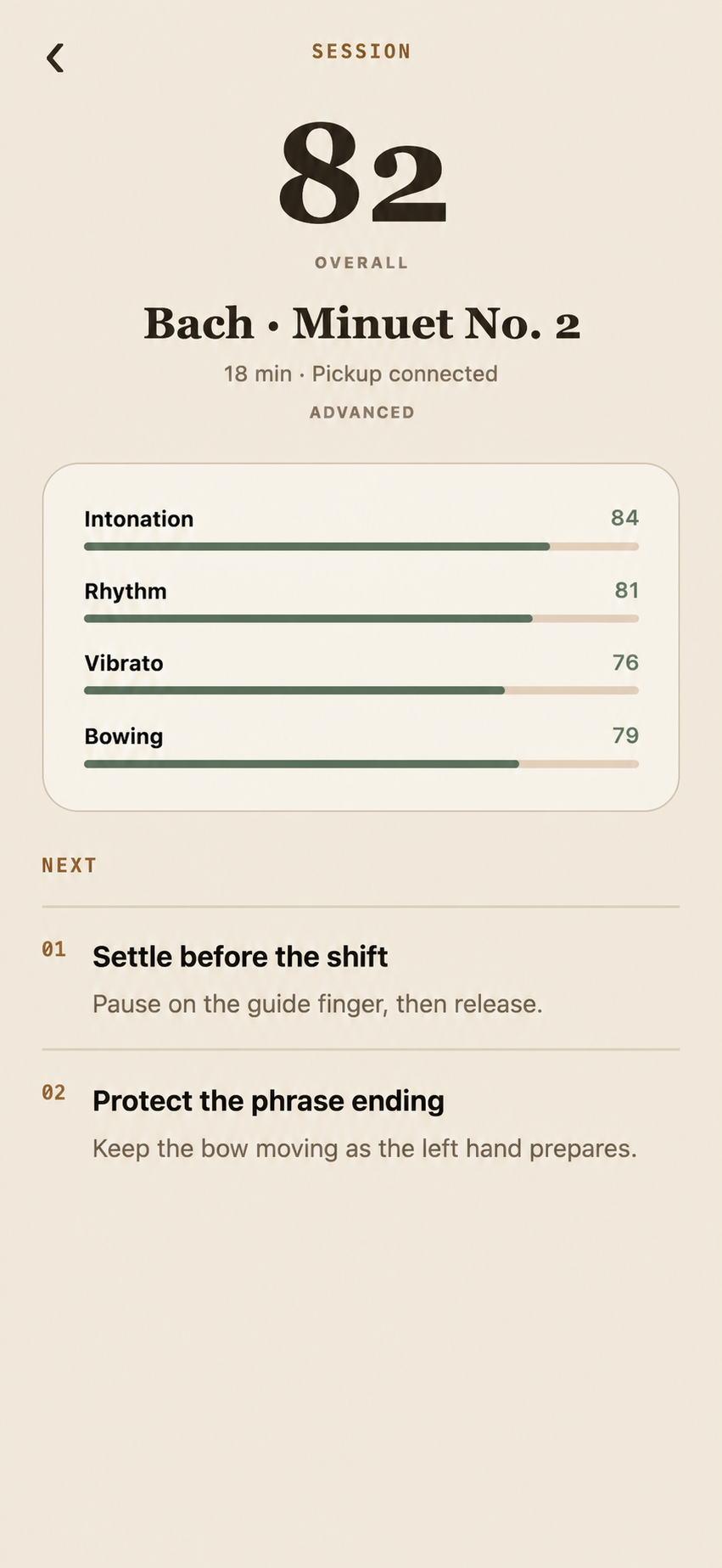 String Sense practice report showing bowing score 79 and pickup connected